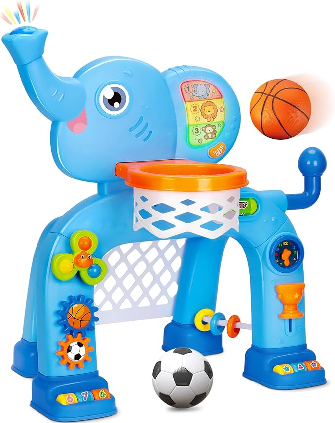 Toddler Basketball Hoop & Soccer Goal, Toys for 1 2 3 Year Old Boys Girls, Kids Sports Toy with Light Sound Music, Montessori Toys for Baby 12-18 Months, Christmas Birthday Gifts for Ages 1-3(Blue）