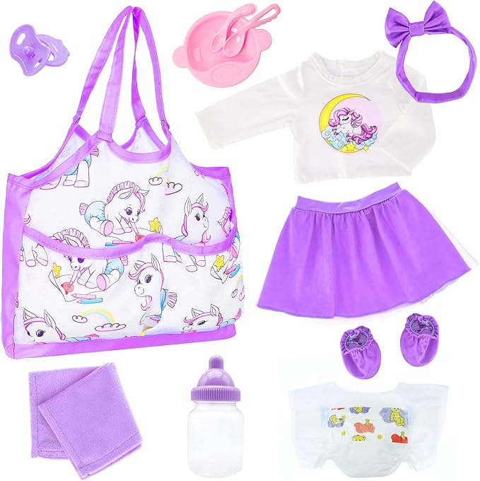 UNICORN ELEMENT Baby Doll Accessories Doll Diaper Bag Set with 14-16 Inch Doll Clothes Set Included Bottles, Pacifier, Diaper, Headband Best Gift for Kids