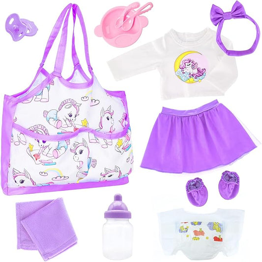 UNICORN ELEMENT Baby Doll Accessories Doll Diaper Bag Set with 14-16 Inch Doll Clothes Set Included Bottles, Pacifier, Diaper, Headband Best Gift for Kids