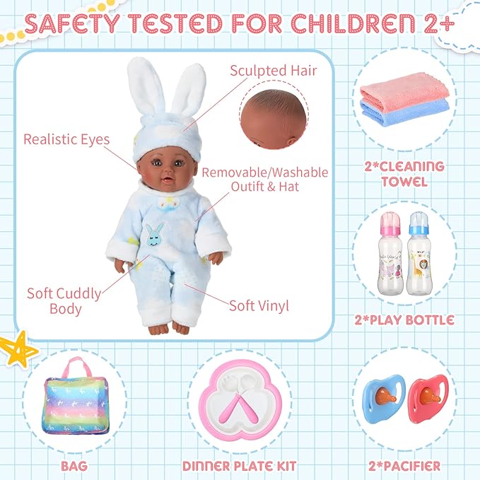 Jerify 10 Pcs Realistic Twin Baby Dolls Toy Set Include 2 Pcs 12 Inch Baby Dolls, Feeding Set, Pacifiers, Doll Diapers, Bags, Milk Bottles Removable Outfit for Toddler Kids 6+ Gift(Black)