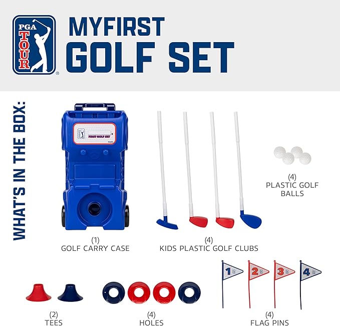 Franklin Sports Kids Toy Golf Set - PGA Tour MyFirst Plastic Golf Clubs + Balls Set for Kids + Toddlers - Mini Toy Righty + Lefty Clubs - Includes Carry Case, (2) Tees, (4) Balls, (4) Holes with Flags