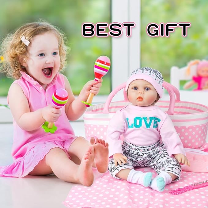 9 Pcs Reborn Baby Girl Dolls Clothes Accessories Outfit with Pink Dot Bassinet for 17-22 Inch Reborn Doll Newborn Baby Girl