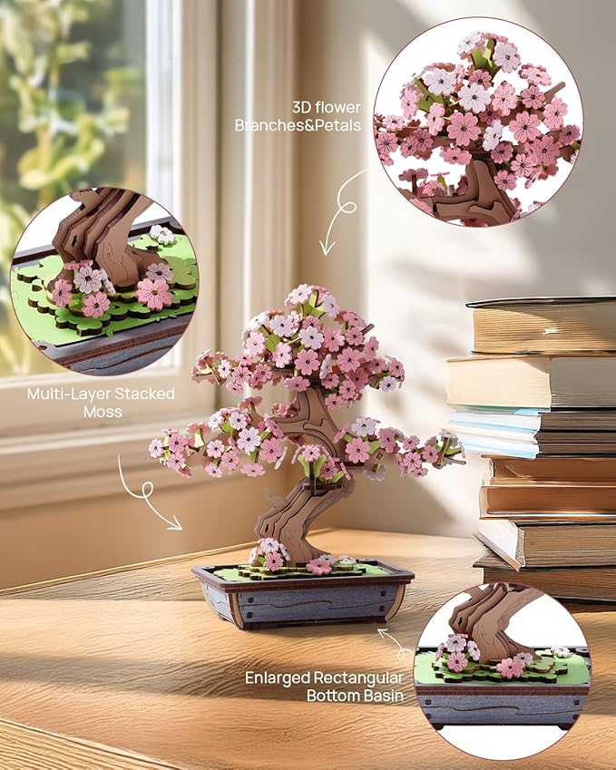 Rowood 3D Wooden Puzzles for Adults,DIY Cherry Blossom Bonsai Tree Botanical Collection Building Set,Craft Kit Gift for Adults on Christmas Birthday ThanksgivingDay-Sakura Bonsai