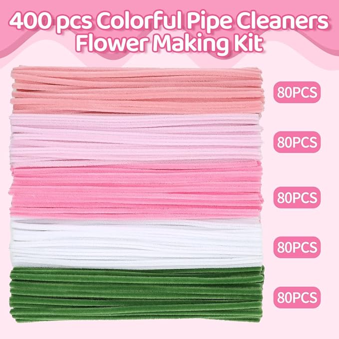 Praisebank Pink Pipe Cleaners for Crafts (400pcs with Instruction), Flower Making Kit, Chenille Stems for DIY Projecets, Arts & Crafts Supplies for Festival Party Decorations