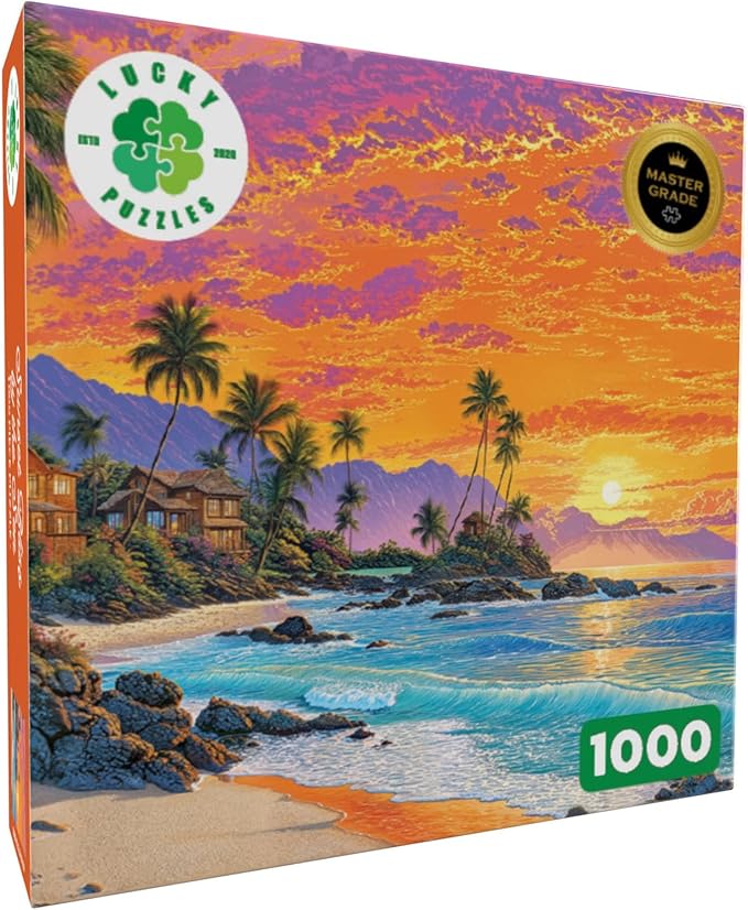 Lucky Puzzles - Sunset Bliss by the Sea - 1000 Piece Jigsaw Puzzle for Adults | Tropical Beach Sunset Artwork | Challenging Puzzle for Adults for Puzzle Lovers