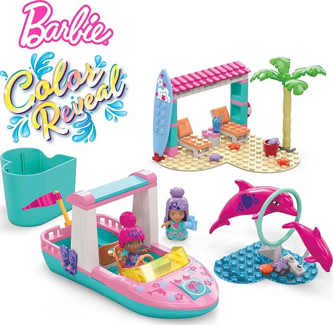 MEGA Barbie Color Reveal Dolphin Exploration Toy Building Set with 10+ Surprises, 2 Micro-Dolls and 2 Dolphins, Toy Gift Set for Girls and Boys, Ages 5 and up