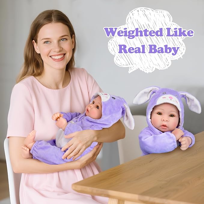 Aori Real Baby Dolls - 17 Inch Realistic Baby Doll with Soft Body & Purple Bunny Outfits for Girls 3+ Pretend Play, Dress Up, Nursery Decor