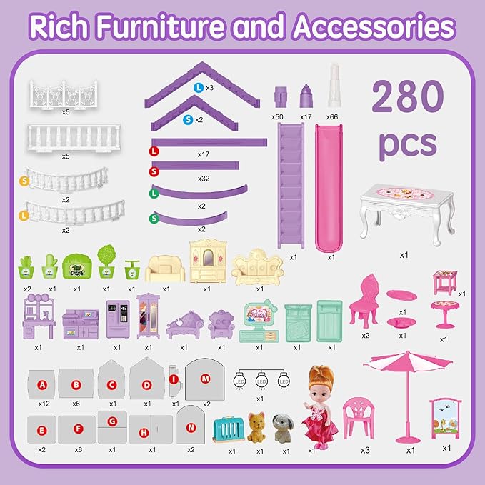 Villa Toy House for Girls, 4 Stories 10 Rooms Villa Playhouse with Princesses Slide Accessories, Lights, Furniture, stairs, DIY pretend toddlers playset kit for 3 4 5 6 7 8 9 10 Year Old Kids (purple)