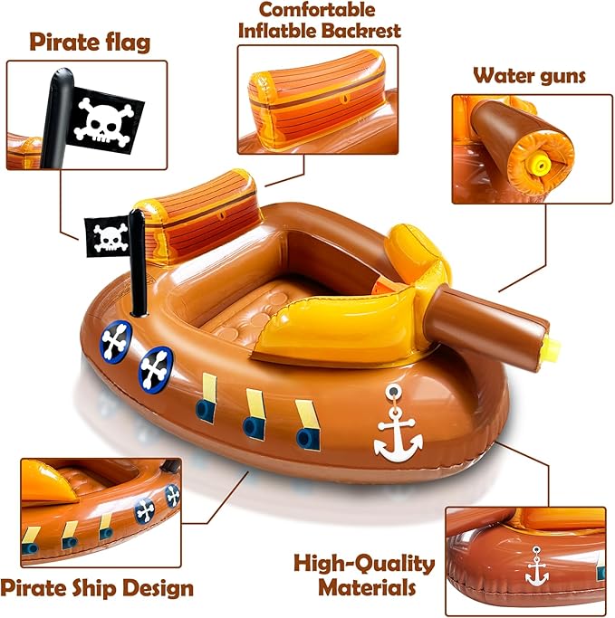 Inflatable Pirate Ship Pool Floats Kids 3-11 Years Toddler Pool Floaties with Water Cannon Gun Swimming Pool Toys Boys Girls Party Float Ride-on Floaty Rafts with Safety Seat Summer Outdoor Water Game