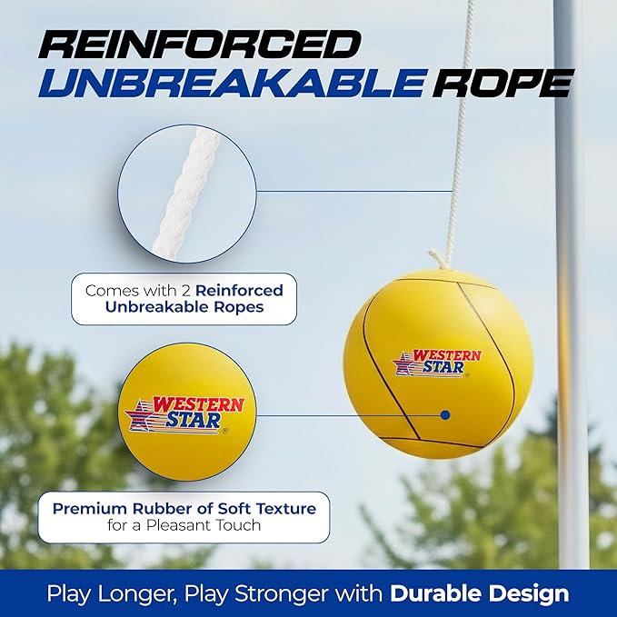Western Star Tetherball Game Set - Soft-Touch Tether Ball with 2 Reinforced Attached Ropes - Outdoor - 4 Colors - Classic Family Game