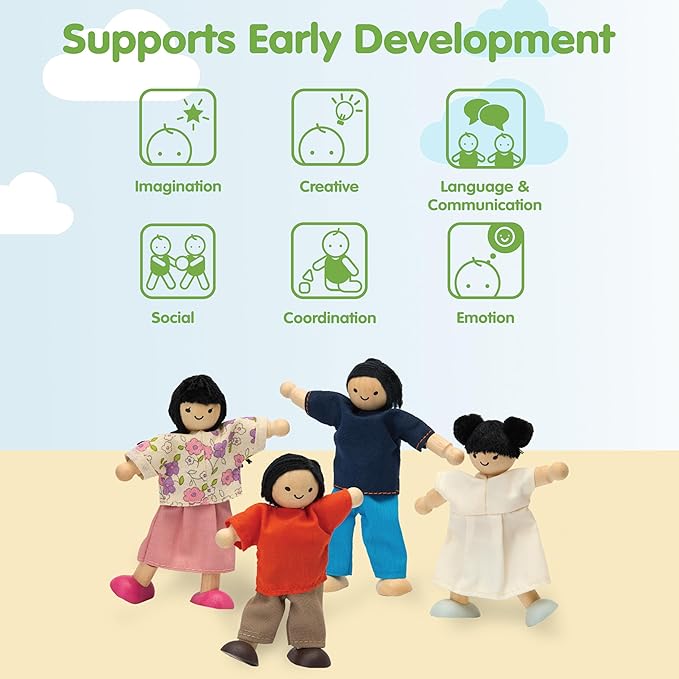 PlanToys® Family Wooden Dollhouse Figurine Set | 4 Poseable 1:12 Scale Mini Dolls (Parents & Kids) | Dollhouse Accessories for Pretend Play | Eco-Friendly Montessori Toy for Kids Ages 3+