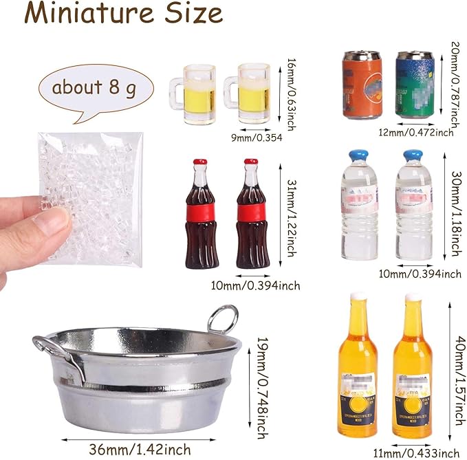 1 Set Doll House Items Mini Beer Soda Cans Water Bottle with Miniature LCE Bucket&LCE Miniature Money for Mini Christmas Elf Doll Props&Accessories,Craft Projects,Action Figure Accessories