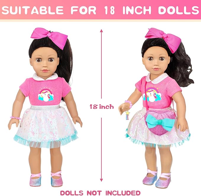 American 18 Inch Doll Clothes and Makeup Accessories Set - Includes Top and Skirt, Bag,Camera,Cell Phone,Eye Shadow,Blush,Bracelet,Lipstick,Bow Hair Clips (NO Doll)