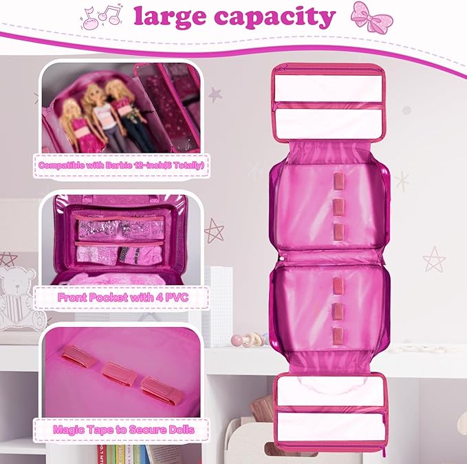 Carrying Case Compatible with Barbie Dolls 12-Inch, Storage Organizer with Handle Holds up to 6 Dolls,Multiple Pockets for Accessories,Storage Box, lavender,Bag Only (magenta)