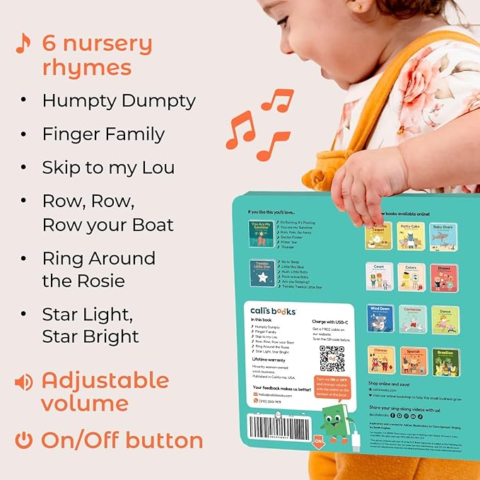 Cali's Books Humpty Dumpty Book for Children with 6 Favorite Nursery Rhymes: Finger Family, Row Row Row Your Boat, and More! Musical Book for Toddlers 1-3