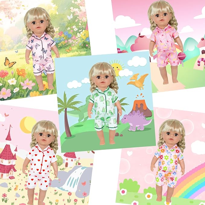 5 Set American 18" Doll Clothes, Silk Baby Girl Dolls Clothes for 12-18 inch Dolls, Cartoon Animal Outfits with Short Tops and Pants Baby Doll Accessories Girls Birthday Gift
