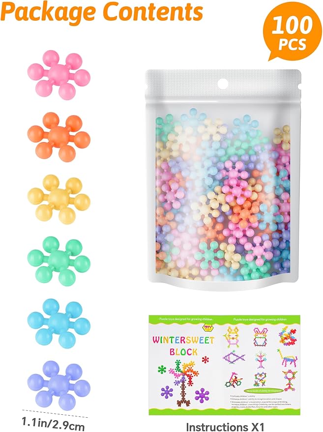 Snowflake Interlocking Building Block Educational Toy 100PCS for Kids Ages 3+, Multi-Color Solid Plastic Early Learning Creativity STEM Toy with Carrying Case Safe Material (Macaron Colors)