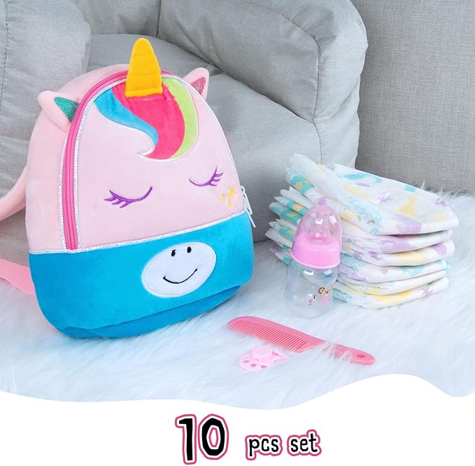 10 Pcs Reborn Baby Doll Diaper Bag Care and Feeding Set for 17-24 inches Reborn Dolls Accessories Newborn Baby Girl with Unicorn Backpack