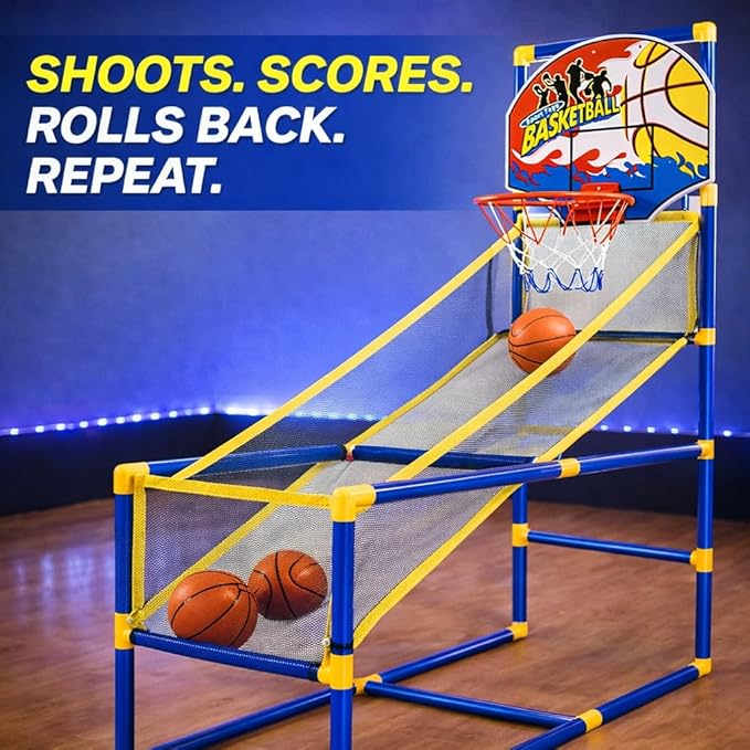 Liberty Imports Kids Arcade Basketball Game Set with Automatic Ball Return, Indoor Mini Basketball Hoop Shooting Game, Includes 2 Inflatable Balls and Pump, Easy Assembly Basketball Toy for Boys