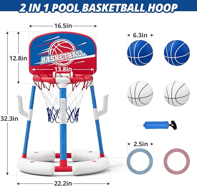 2 in 1 Pool Basketball Hoop with Backboard & Ring Toss Game, Floating Pool Toy - Anti-Tip Stable Base - with 4 Balls/8 Rings/Pump - Summer Water Indoor Outdoor Toy Gifts for Kids 4-8 & Adults, Red