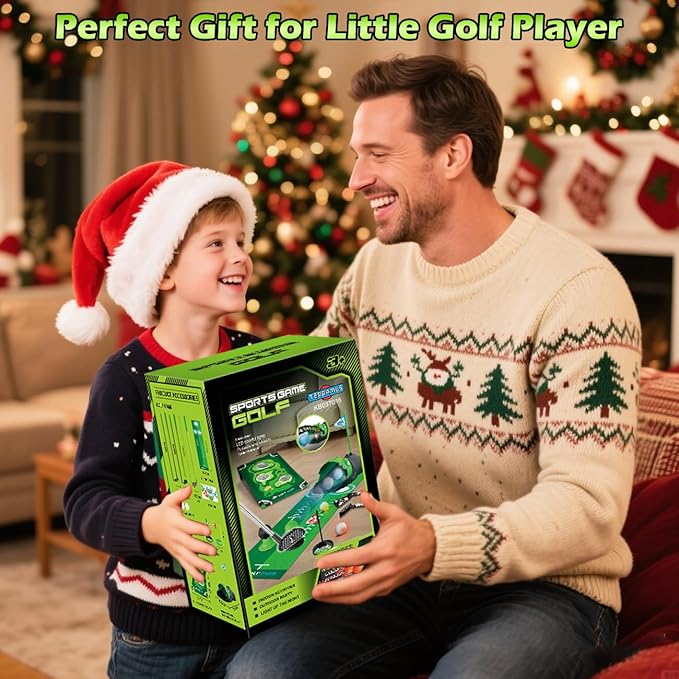 3 in 1 Kids Golf Set with Dinosaur Automatic Golf Returner, Golf Cornhole Board, Led Light Up Balls, Putting Mat, 3-8 Toddler Mini Golf Games, Indoor Outdoor Golf Toys Gift for Boys Girls 3+