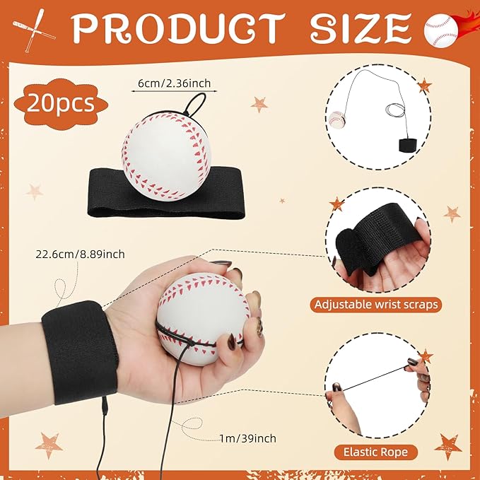 5/10/20/40 PCS Baseballs Wrist Return Ball on a String 2.36 Inch Rebound Bouncy Ball with Strap Sport Soccer Tennis Party Favors, Wrist Exercise, Outdoor Fun Activity for Kids & Adults