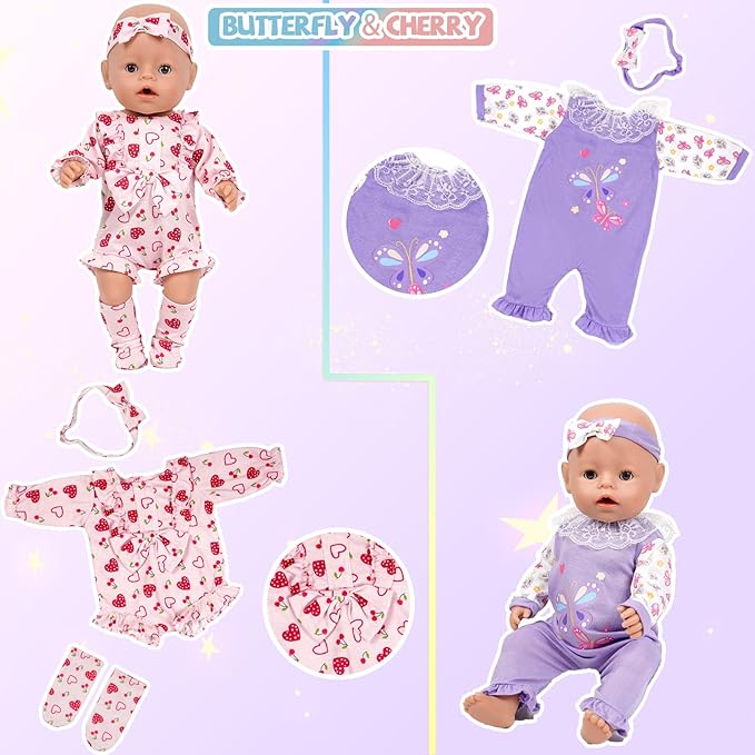 WONDOLL 6 Sets 14-18 Inch Baby Doll Clothes, New Born Doll Outfits with Rompers & Accessories for 16-inch Soft Body Dolls ( No Doll)