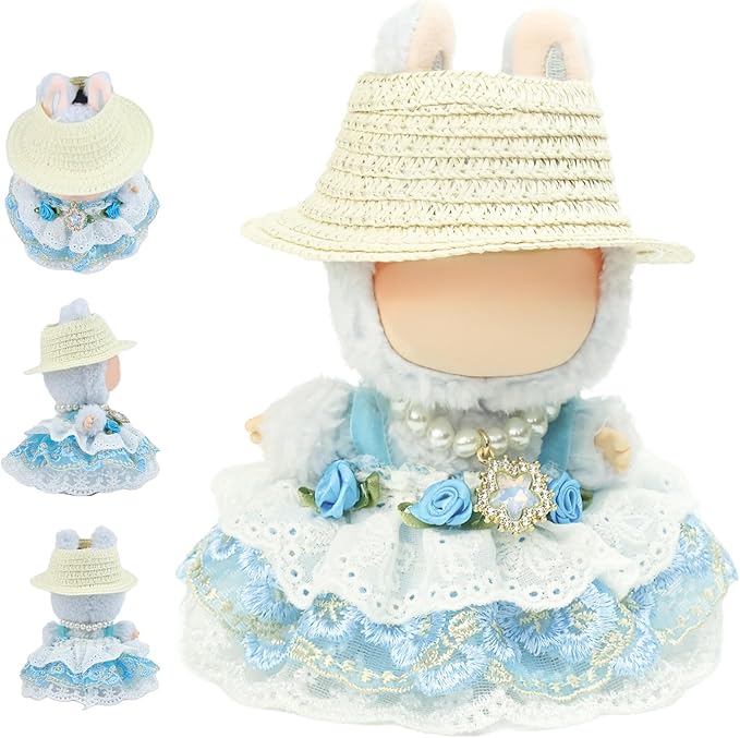 Clothes for labubu Skirt Set for Doll 3 Piece Set with Dress Outfit Hat Necklace Chic Dress for Dolls Accessories (NO Doll)(SkyBlue Lace)