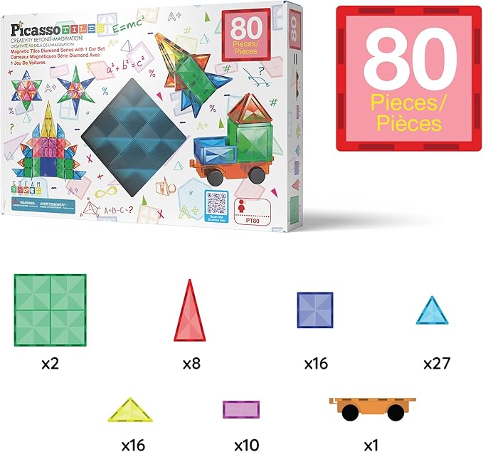 PicassoTiles 80 Pcs Magnetic Building Tiles Magnet Building Block Toys W/Car Diamond Educational Construction Playset Toy for STEM Sensory Gifts Kid Brain Development Stacking Blocks Construction Set
