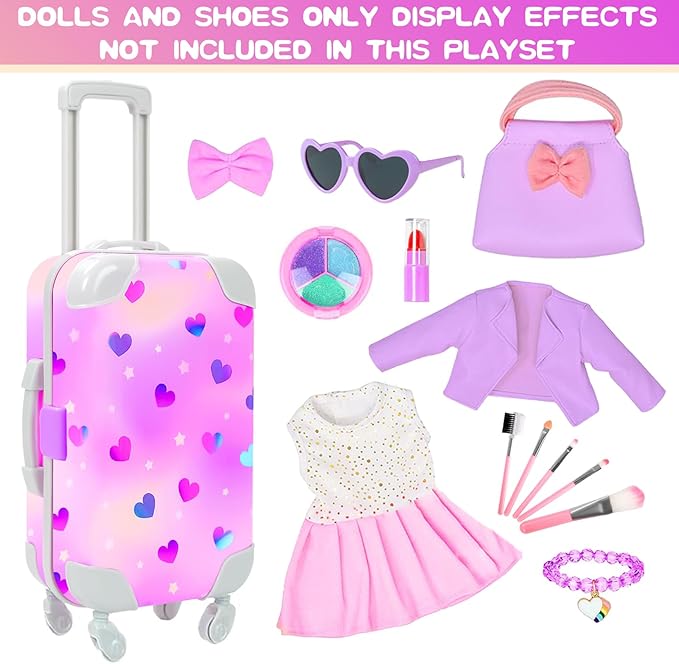 American 18 Inch Doll Accessories Case Luggage Travel Makeup Play Set With Clothes,Tote Bag,Sunglasses,Eye Shadow,Lipstick,Hairpin,Bracelets,Eyelash Brush For 18" Dolls Toy Stuff,No Doll And Shoes
