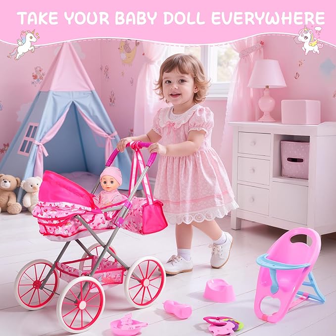 DRAMATION Unicorn Baby Doll Stroller Set with 11'' Baby Doll, Foldable Doll Stroller, Playpen, Dining Chair and 24 PCS Baby Doll Accessories, Doll Playset Toy for Girls Toddlers 3-5 4-6 Birthday Gifts