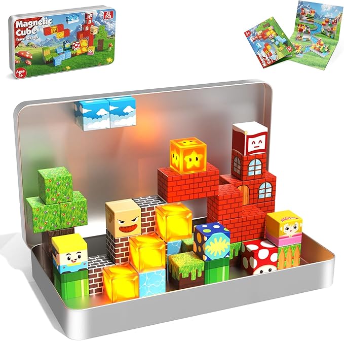 Magnetic Blocks with Light Up Blocks - 45PCS Travel Magnetic Building Blocks for Toddler,STEM Educational Cubes Toys for Kids Ages 3 4 5 6 7 8 Year Old Boys Girls Christmas Birthday Gifts