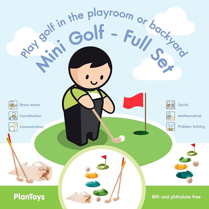 PlanToys® Mini Golf Set for Kids | Eco-Friendly Wooden Golf Game with 2 Putters, 2 Golf Balls, 3 Obstacles, Target Goal & Travel Bag | Perfect for Indoor & Outdoor Play