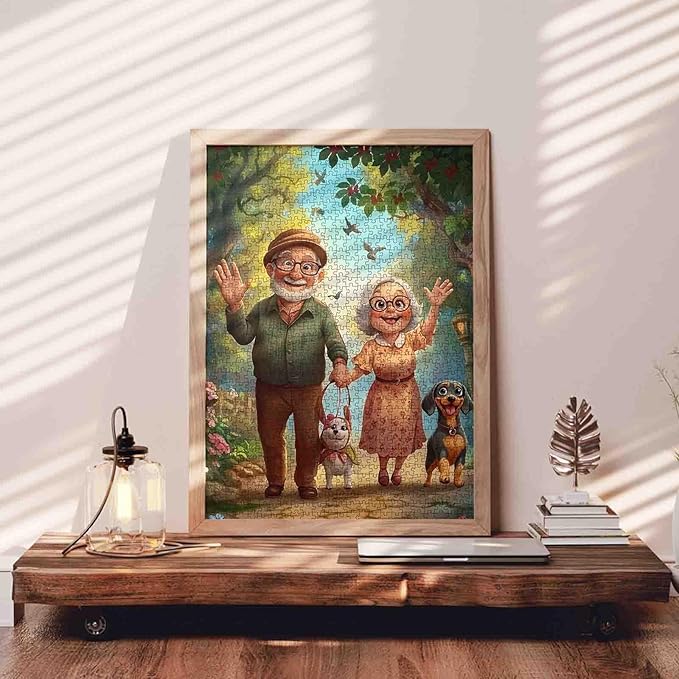 Old Man and Old Woman 1000 Piece Jigsaw Puzzles for Adults Couple Walking Painting Jigsaw Puzzle Cute Animal Dog 1000 Pieces Puzzles 20''x27”inch DIY Craft Puzzle Art Wall Decor Family Challengings