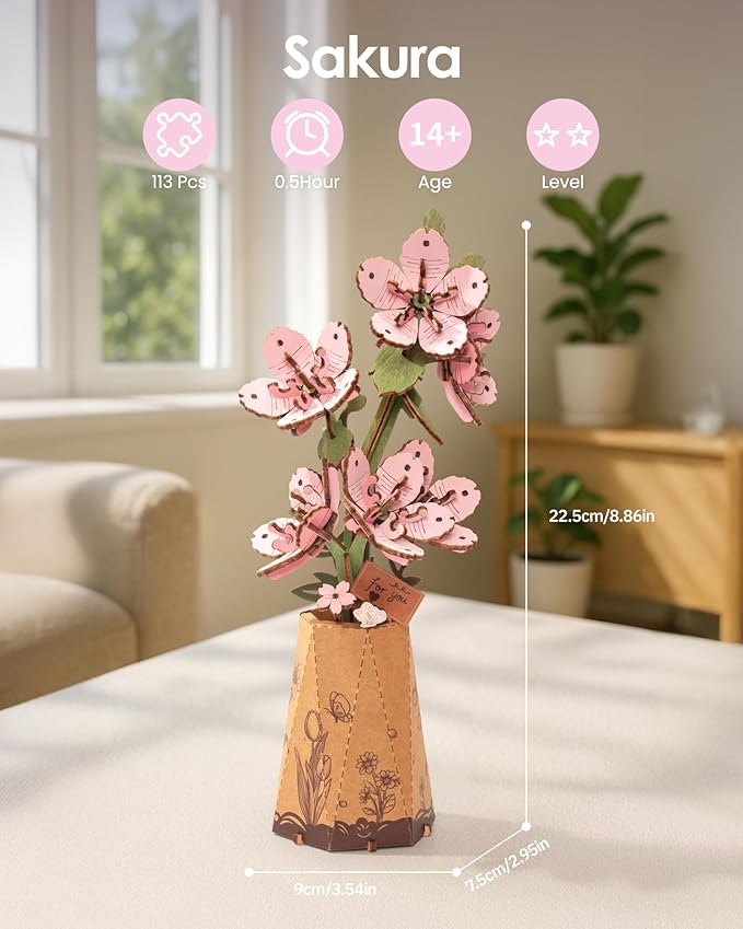 ROBOTIME 3D Puzzle Sakura TW101, DIY Wooden Flower Craft, Artificial Flowers Model Kit to Assemble for Adults, Home Decoration and Valentine's Day Toy Gift Set