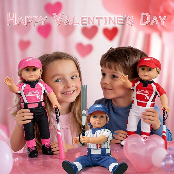 ARTST Softball Uniform Doll Outfit-18 inch Doll Clothes and Accessories Set-Hat Baseball Clothing Bat Shoes Socks, Valentine's Gifts for Girls Spring T-Ball