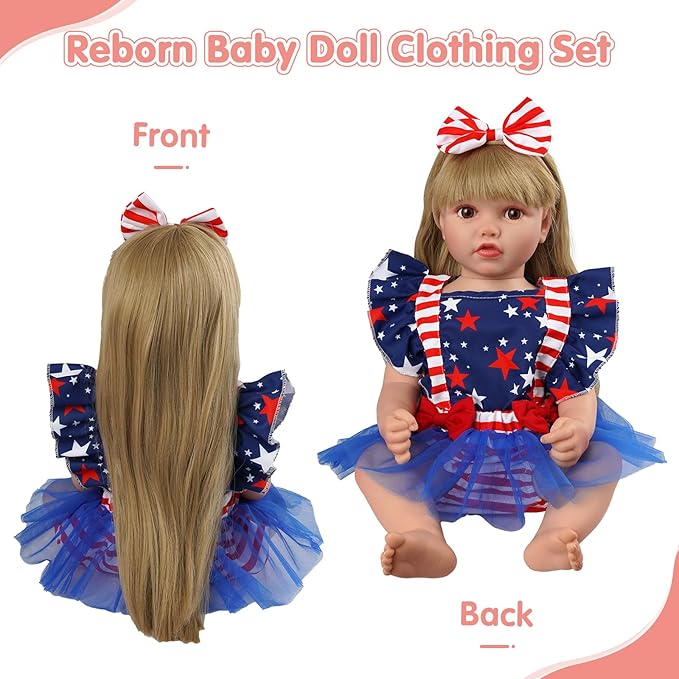 BABESIDE 2 Pcs Reborn Baby Doll Clothes for 17-22 Inch Babydolls, Reborn Doll Dress Accessories with Headband for Realistic Baby Dolls Girls, Stars and Stripes