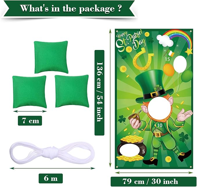 Skylety St. Patrick's Day Bean Bag Toss Game Party Favor Hanging Leprechaun Shamrock Toss Game Banner Photo Prop with 3 Bean Bags for St. Patrick's Day Party Supplies