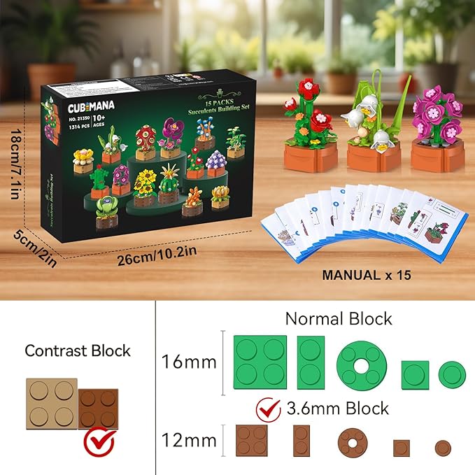 15 Pack Flowers Plants Mini Building Set - 1314PCS 3.6MM Flower Succulents Botanical Collection Block Toy for Home Office Décor, Easter Birthday Gifts for Adults Women Boys Girls 10+