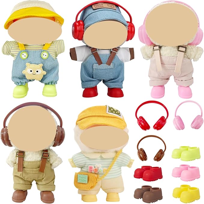 Ezcora 17cm Doll Clothes Overalls Outfit Set, Include 5 Styles with Hats, Headphones, Shoes and Bag, Cute Dress Up Accessories for Doll Play and Display, (No Dolls)