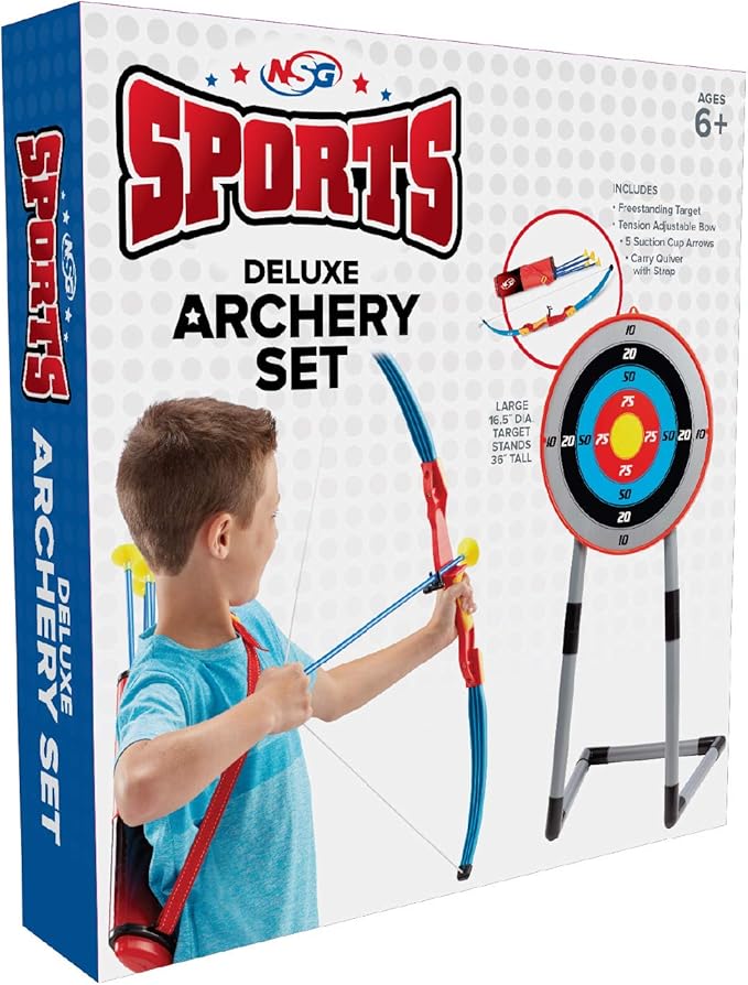 NSG Deluxe Bow and Arrow Set for Kids - Toy Archery Bow with Large Freestanding Target, Suction Cup Arrows, and Quiver