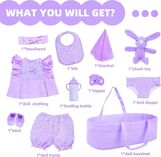 11 Pcs Baby Doll Clothes with Purple Floral Design Baby Doll Bassinet & Accessories for 16-18 Inch Baby Doll, Baby Doll Clothes Outfit Accessories Fit Reborn Baby Doll