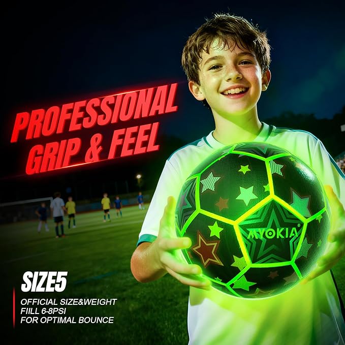 Light Up Soccer Ball Glow in The Dark Size 5 Indoor&Outdoor Sports Gifts Birthday Ideas for 3-15+ Boys, Girls, Teens with Pump & USB Cable, Tri-Color (Red, Green, Blue)，Outdoor Night Games