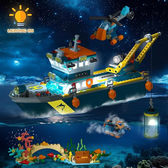 City Floatable Boat Building Set with LED Light - Ocean Arctic Explorer Ship Building Block Kit with Helicopter, Sub Exploration Toy Adventure Set Birthday Gift for Kids Boys Girls 6 7 8 9 10+