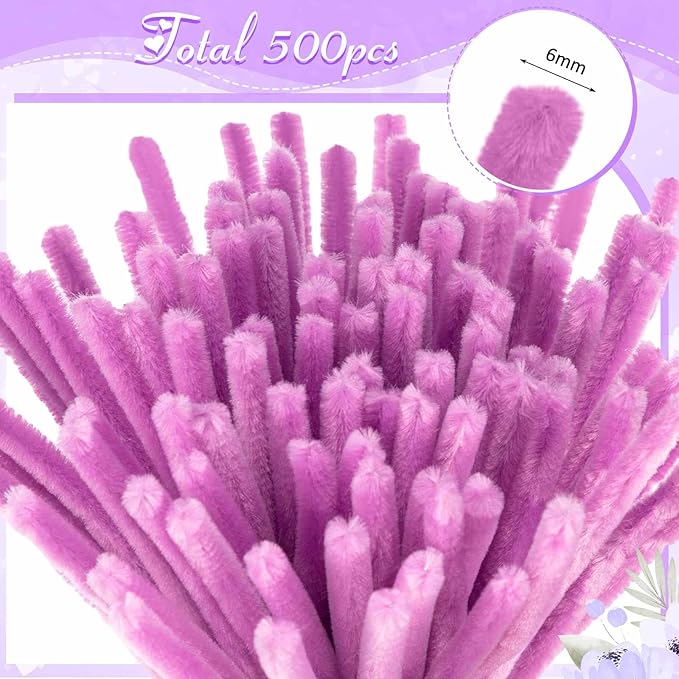 Peryiter 500 Pieces Pipe Cleaners Chenille Stems for Flowers Craft Supplies Bulk Fluffy Fuzzy Sticks for DIY Art Projects Creative Gift Wrapping Party Decorations(Light Purple,12 Inch)