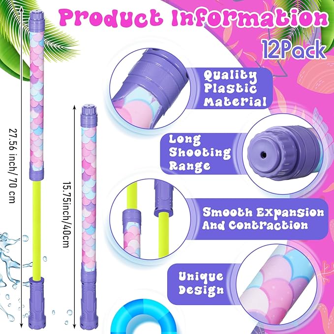 12 Pcs Mermaid Party Favors, 15'' Water Guns Bulk for Kids Water Squirt Blasters Guns, Summer Activity Swimming Pool Backyard Beach Outdoor Toys for Kids Adults, 39 ft Range Shooter
