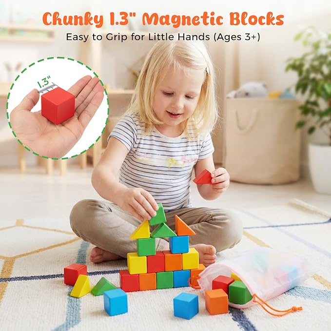 LovesTown 28PCS 1.3 Inch Large Magnetic Blocks for Toddlers Ages 3-6, Magnet Building Cubes Montessori STEM Preschool Toys for Boys & Girls, Sensory Learning Gift for Birthdays & Holidays