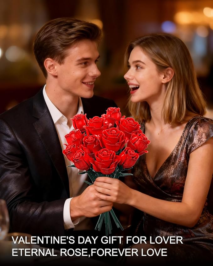 Red Rose Bouquet Building Set, 12 Artificial Roses Flower Building Blocks for Adult Women, Botanical Collection Home Decor Romantic Gift for Mother's Day Valentine's for Adults Girls (512 PCS)