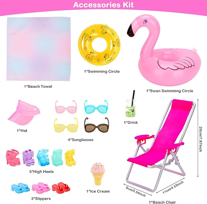 Lot 25 Pack Doll Bathing Suits Pool Accessories Set for 11.5 inch Girl Dolls - 6 pcs Swimsuits, 2 Pool Floaties, 4 Sunglasses, 8 Shoes, 1 Beach Chair, 1 Beach Towel and 3 Accessories