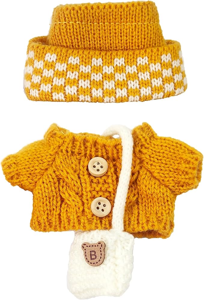 17cm Doll Clothes Set for Lububu, Designer Hand-Crocheted Yellow Sweater Outfit with Hat & Crossbody Bag Accessories,Cute Clothing for 15cm Have a Seat Series Dolls Dress -Up Display
